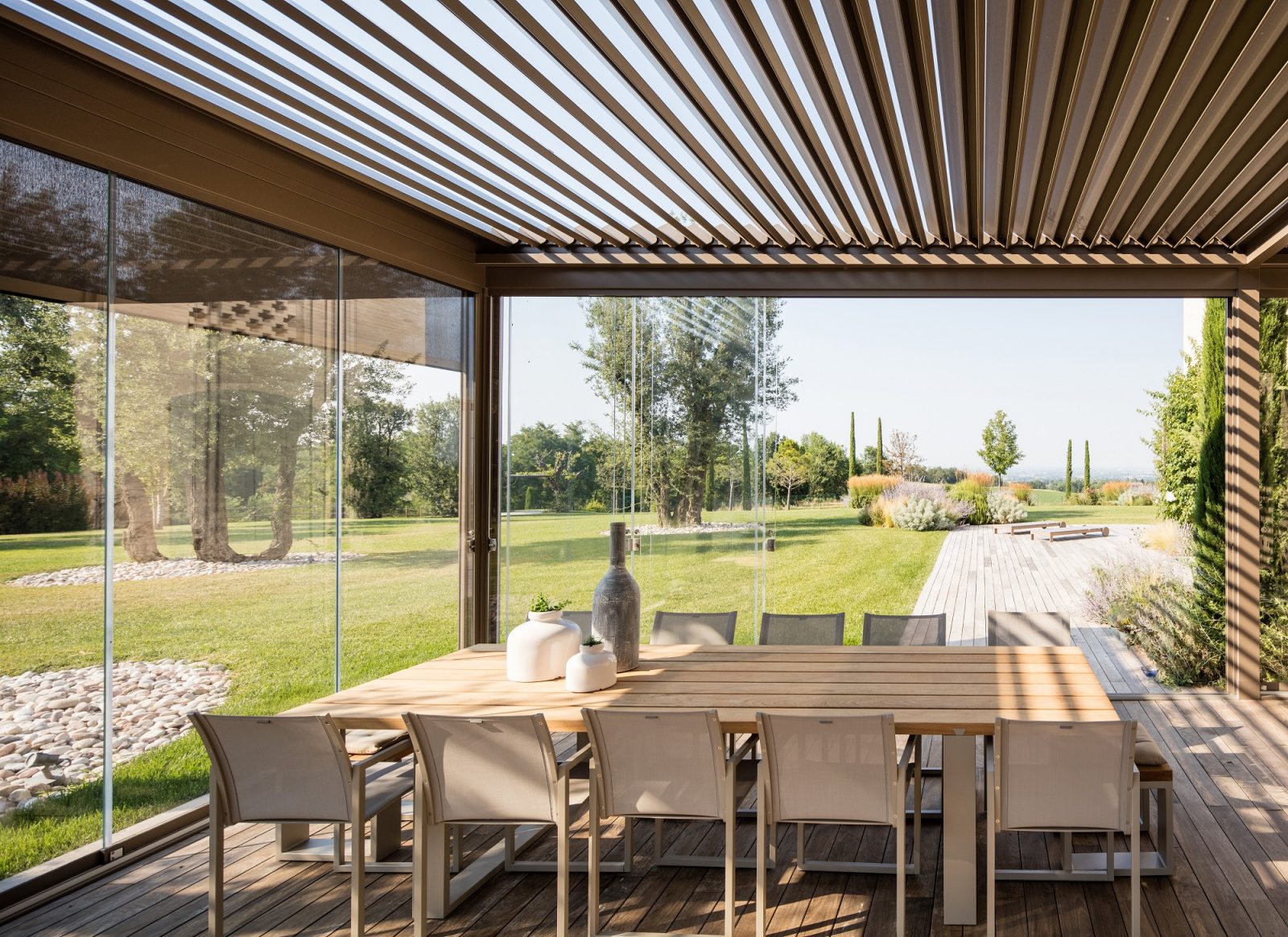 Louvered Pergola Bioclimatica with Glass Door and Side Curtains
