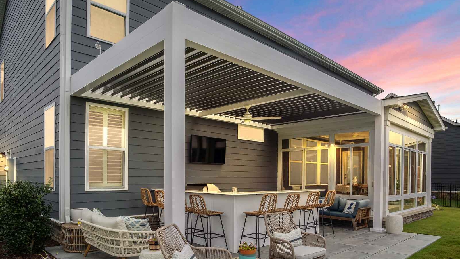 AMS Motorized Pergola with Louvered Roof and Entertainment Space