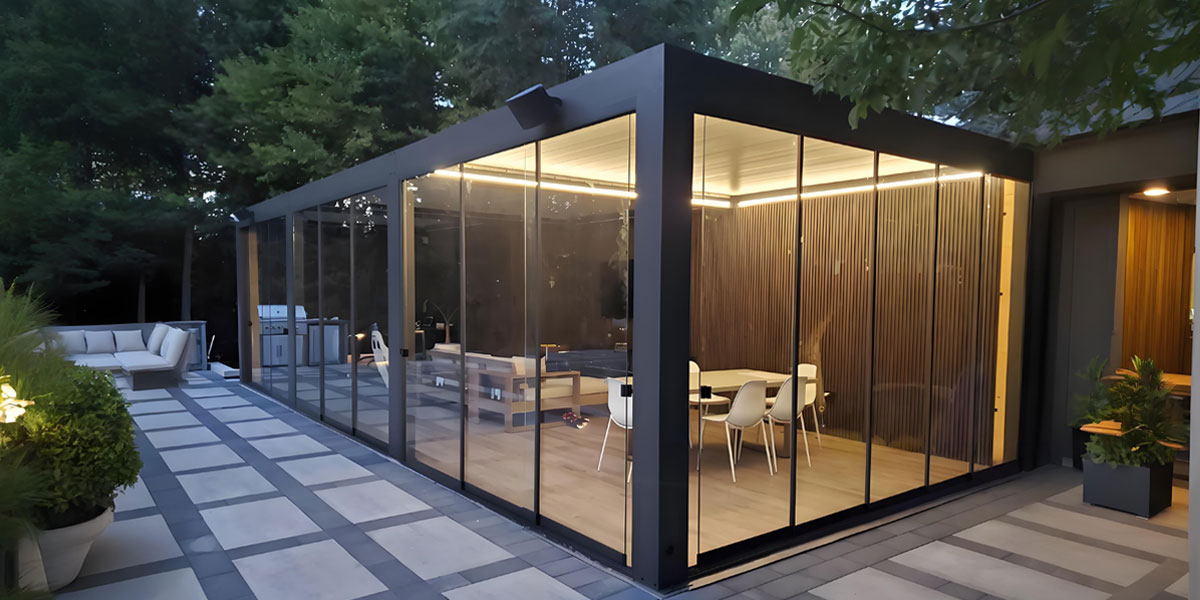 Enclosed-glass-door-pergola for backyard patio