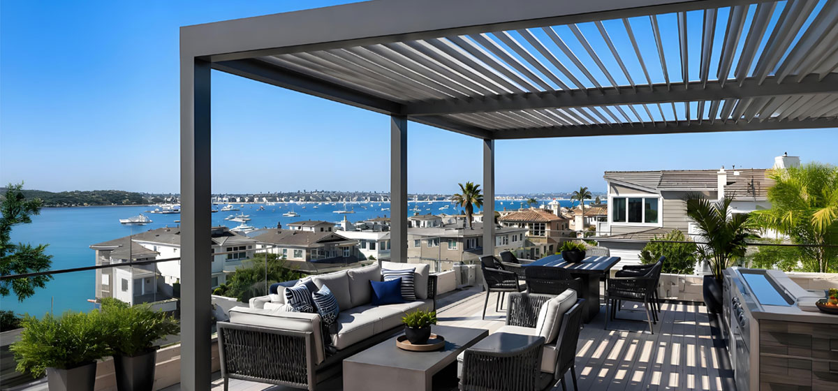 A Louvered Pergola Designed to Withstand Coastal Weather Conditions