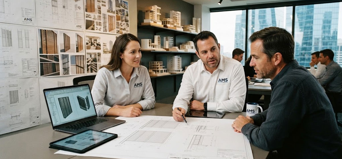 Discussing-aluminum-architectural-louver-drawings-with-the-client Discussing-aluminum-architectural-louver-drawings-with-the-client